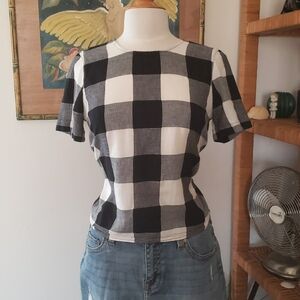 Madewell Black & Grey Button Back Boxy Checked Top Size XS